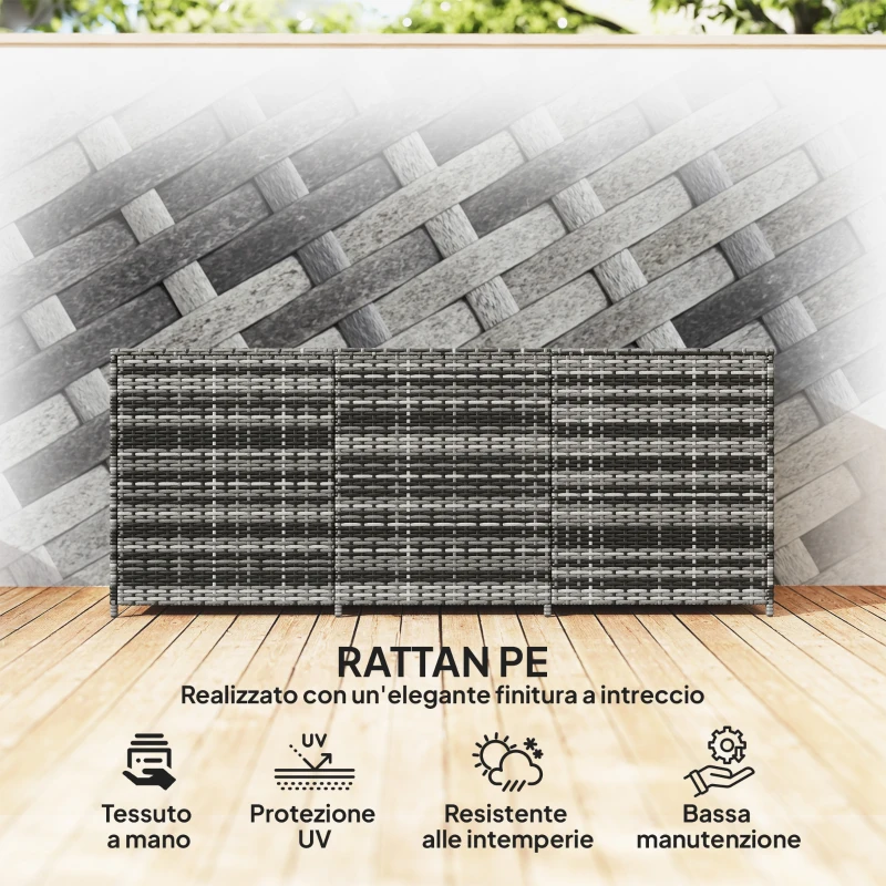 Outsunny Panca Contenitore Rialzata con Fodera Interna, in Acciaio e Rattan, 180x60x73 cm, Grigio e Crema