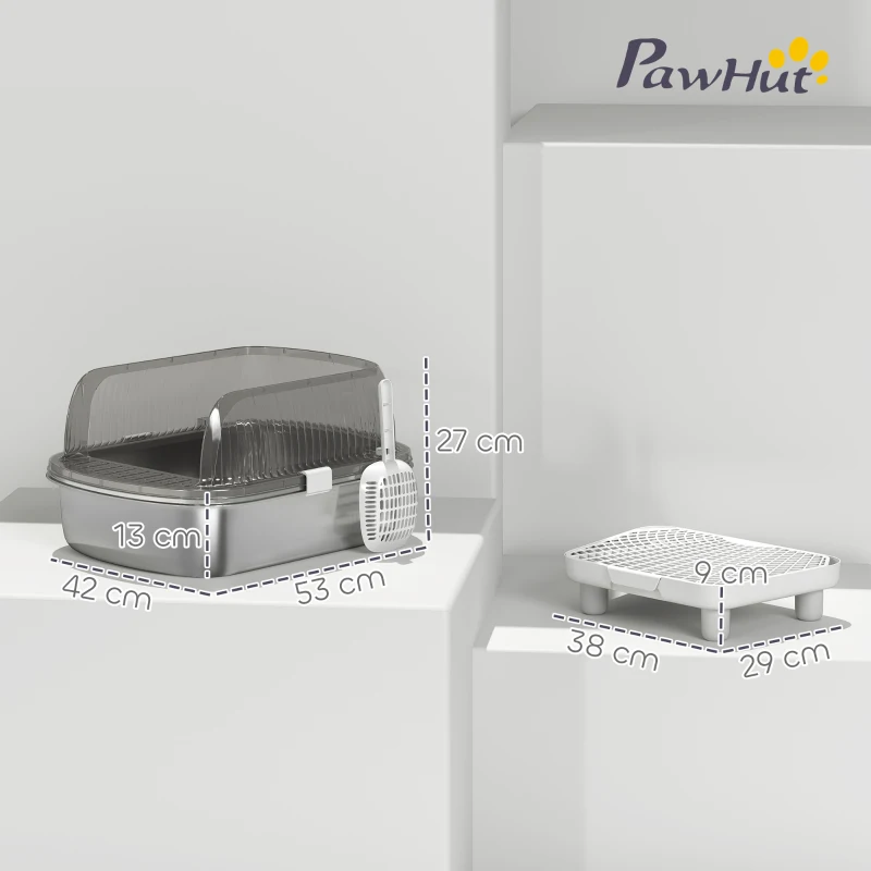 PawHut Bac à Litière pour Chats Couvert avec Bac en Acier Inoxydable Bords Hauts Pelle Marche et Zone pour Chute de Litière Gris
