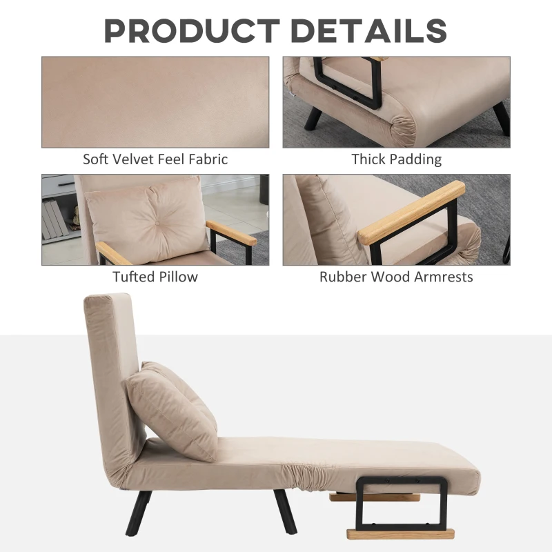 4-in-1 Velvet-Feel Single Chair Bed, with Throw Pillow - Beige