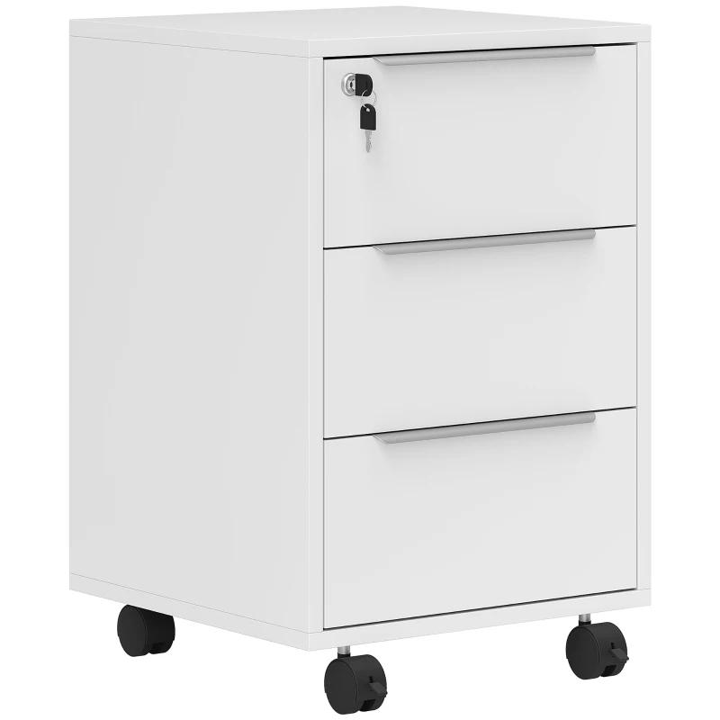 HOMCOM Cajonera da Scrivania con 3 Cassetti Ruote Serratura e 2 Chiave per Studio Soggiorno 40x40x63,5 cm Bianco