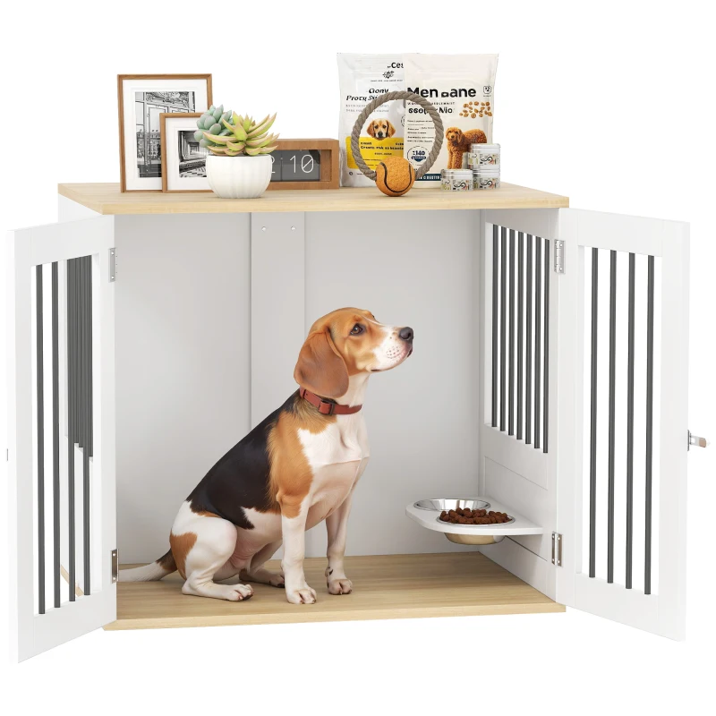 PawHut Jaula para Perros Medianos 2 en 1 con 2 Puertas con Puertas Comedero Giratorio de 360° y 2 Cuencos 80x55x71,5 cm Blanco
