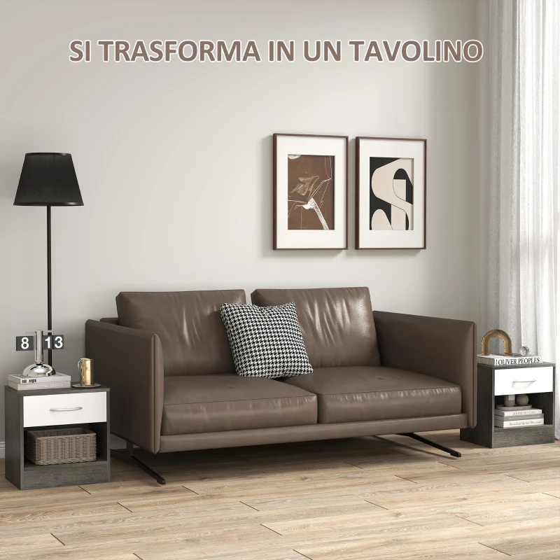 HOMCOM Set 2 Comodini Moderni con Ripiano Aperto e Cassetto, in Legno, 39x28x41 cm, Bianco e Grigio Scuro