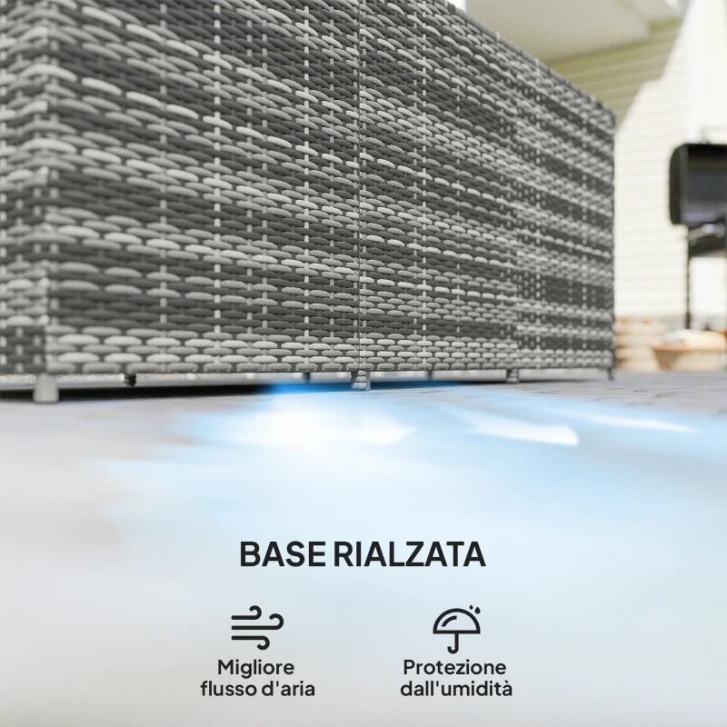 Outsunny Panca Contenitore Rialzata con Fodera Interna, in Acciaio e Rattan, 180x60x73 cm, Grigio e Crema