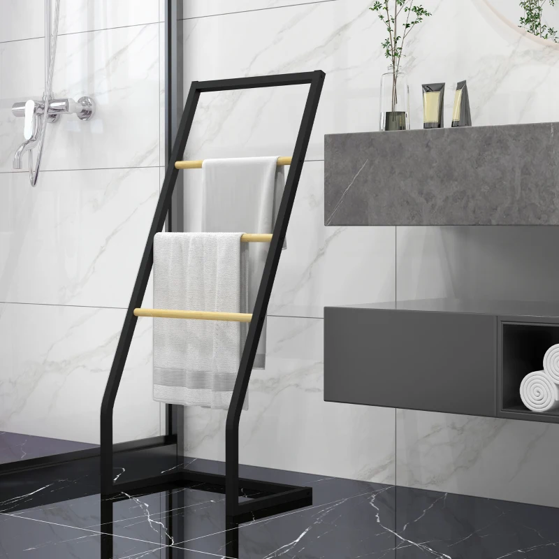 HOMCOM Porte-serviettes sur pieds en bambou et acier avec 4 barres support 40,5L x 28l x 98H cm - noir et naturel