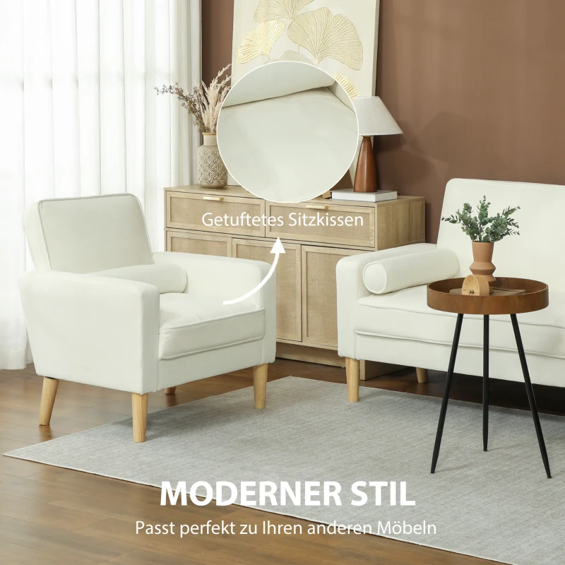 HOMCOM Fotel tapicerowany z podłokietnikami, nachylone oparcie, nogi z drewna kauczukowego, kremowy