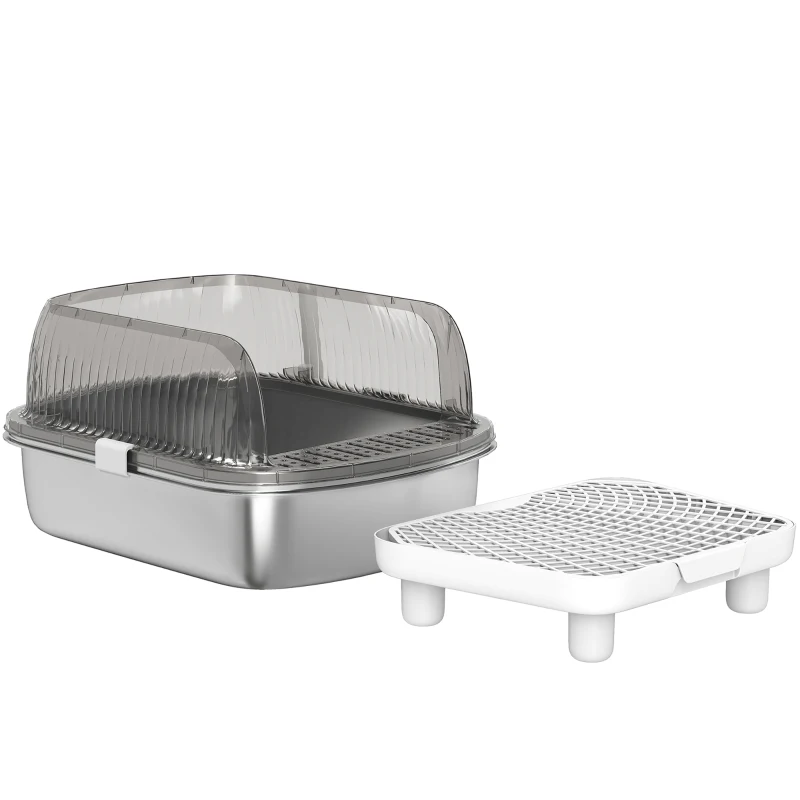 PawHut Lettiera per Gatti Coperta con Piatto in Acciaio Inox Bordi Alti Pala Pedana e Zona per la Caduta della Sabbia Grigio