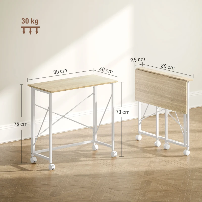HOMCOM Secretária Dobrável com Rodas Mesa de Secretária Compacta Portátil para Espaços Pequenos 80x40x75 cm Madeira e Branco