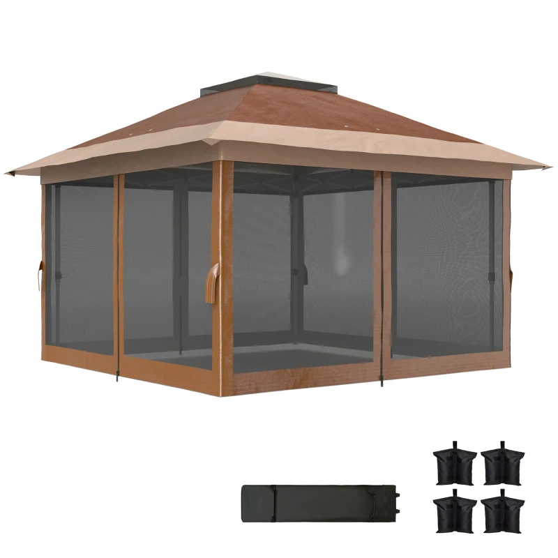 Outsunny 3.6 x 3.6m Pop-Up Gazebo, with Accessories - Brown