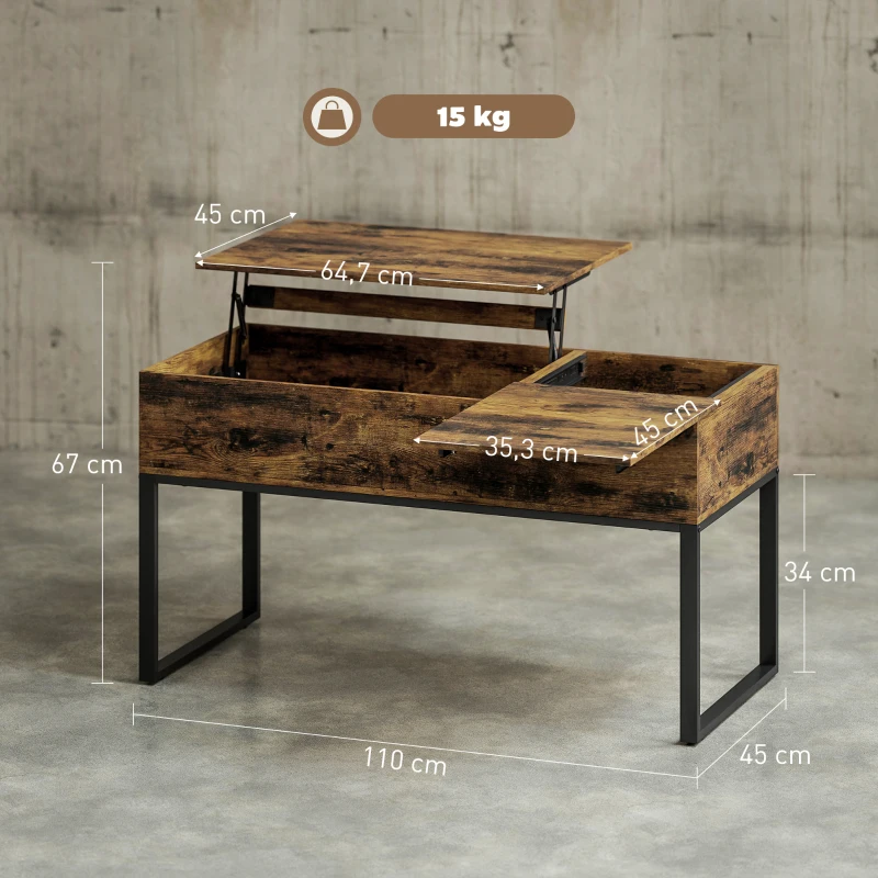 HOMCOM Table Basse Relevable avec Dessus Coulissant Fermeture Douce Espace Caché de Rangement 100x45x67 cm Marron Rustique