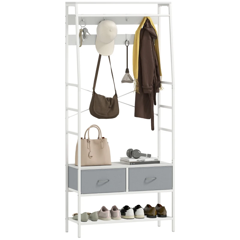 HOMCOM Móvel Cabide de Entrada com Banco Sapateira 8 Ganchos 2 Gavetas de Tecido Barra Prateleira 80x30x180,5 cm Branco e Cinza