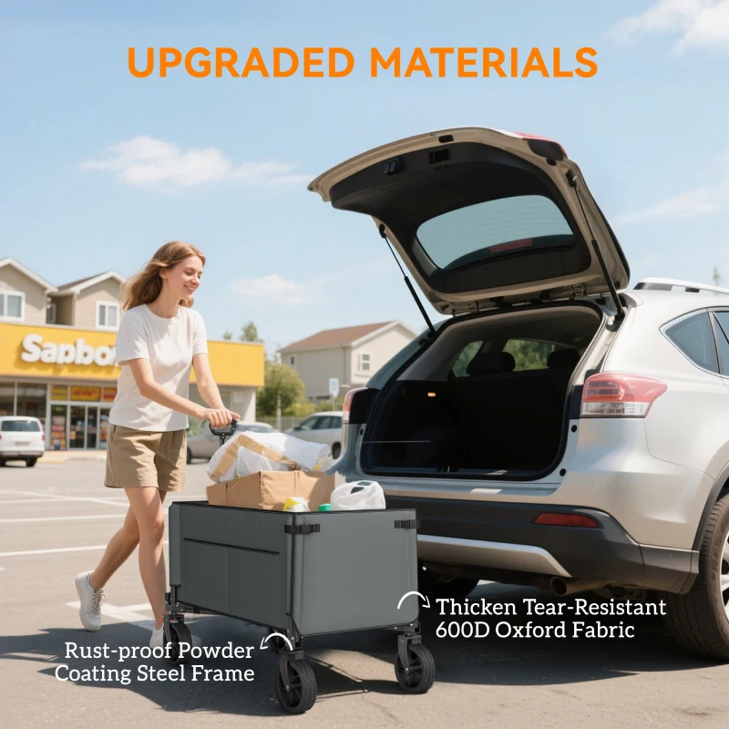 Outsunny Festival Trolley on Wheels, 150L Folding Camping Trolley Cart with Openable Sides, Adjustable Handle and Brakes for Shopping Beach Garden Fishing, Grey