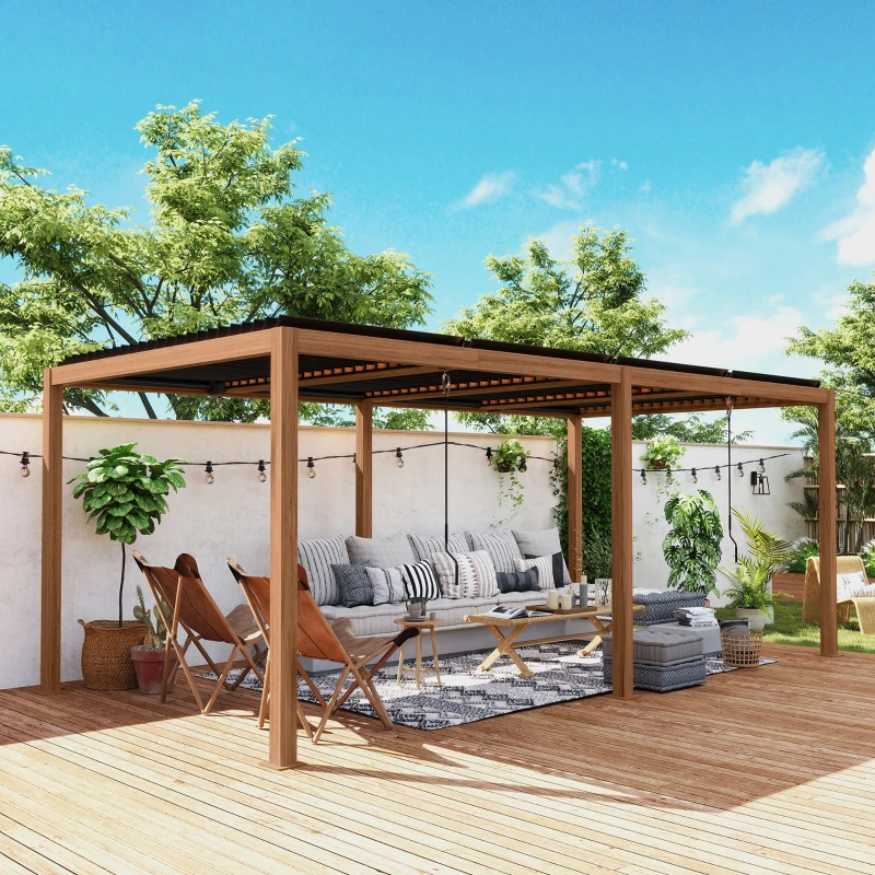 Outsunny Pergola 3 x 6 m  pergola d'extérieur tonnelle avec persiennes manivelle toit réglable en aluminium crochets bois naturel