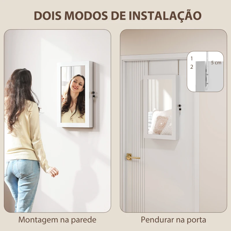HOMCOM Espelho Joalheiro de Parede Armário para Jóias com Fechadura e Vários Compartimentos para Colares Anéis Pulseiras Branco e Creme