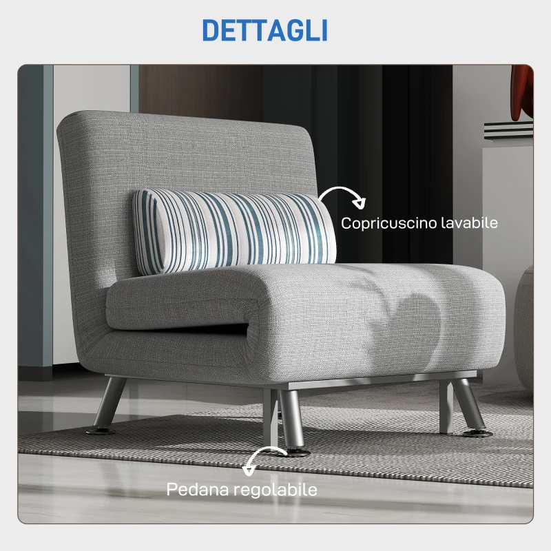 HOMCOM Poltrona Letto Singolo 3 in 1 con Schienale Reclinabile su 5 Livelli, Cuscino Imbottito e Materasso, Divano Letto Singolo Pieghevole per Soggiorno, in Acciaio e Lino, 75x70x75cm, Grigio Chiaro