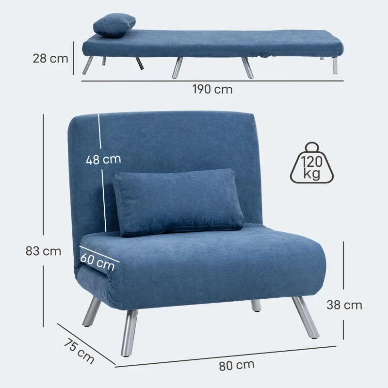 HOMCOM Polstersessel mit Bettfunktion, 3-in-1 Design, Schlafsessel, Gästebett, Stoffbezug, mit Kissen, Blau(m-3)