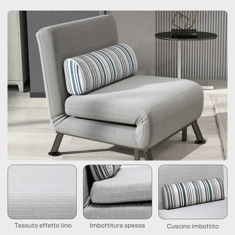 HOMCOM Poltrona Letto Singolo 3 in 1 con Schienale Reclinabile su 5 Livelli, Cuscino Imbottito e Materasso, Divano Letto Singolo Pieghevole per Soggiorno, in Acciaio e Lino, 75x70x75cm, Grigio Chiaro