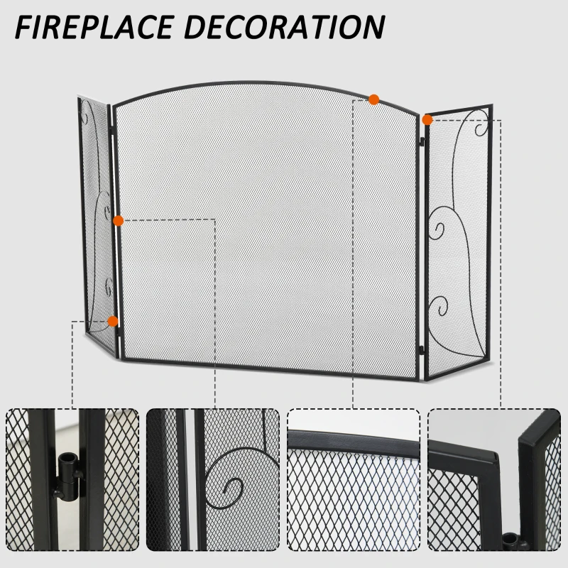 HOMCOM 3-Panel Metal Fireplace Mesh Screen Home Foldable Steel Spark Guard Decoration, Black