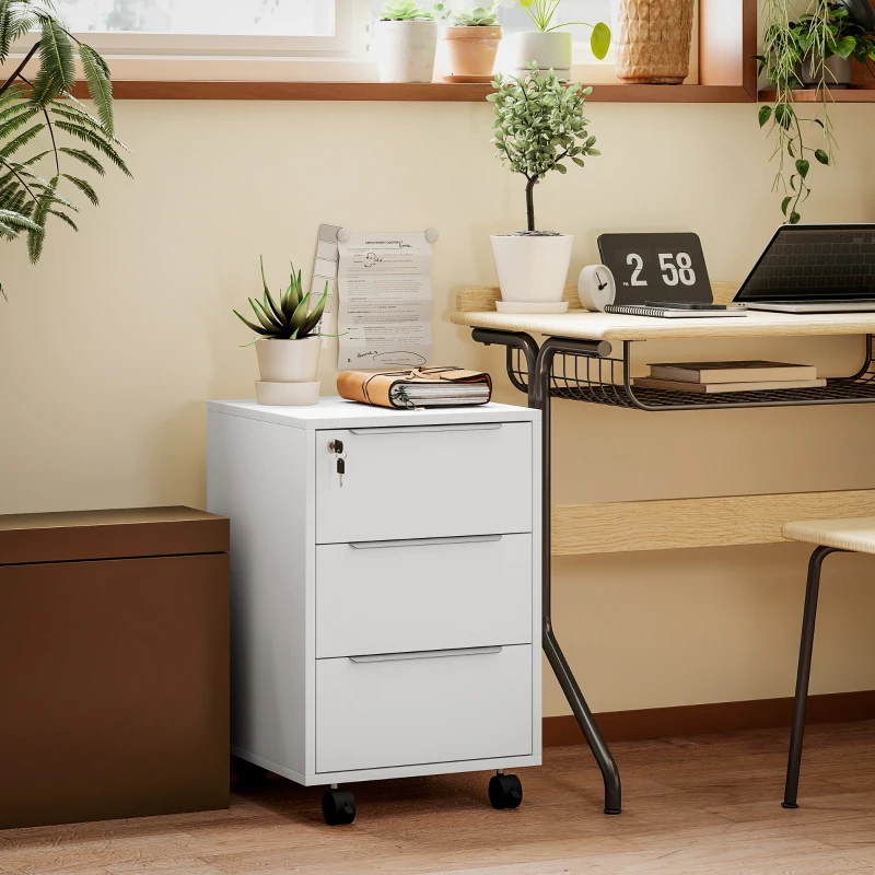 HOMCOM Bürocontainer mit 3 Schubladen Rollen Schloss und 2 Schlüssel für Studium Wohnzimmer 40x40x63,5 cm Weiß