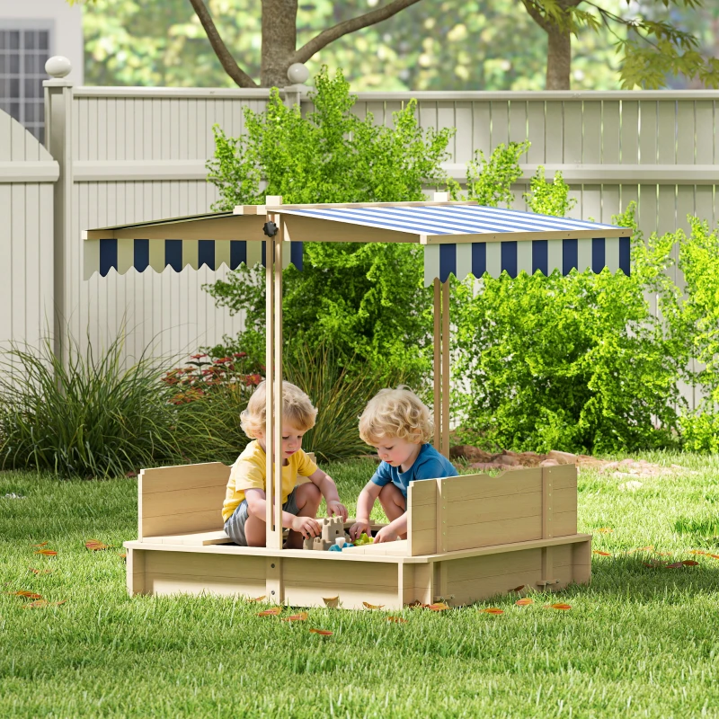 Outsunny Kids Wooden Sand Pit with Lids Children Sandbox Height Adjustable Canopy for Garden, Convertible Bench Seat Outdoor Backyard Playset, Blue and White Canopy