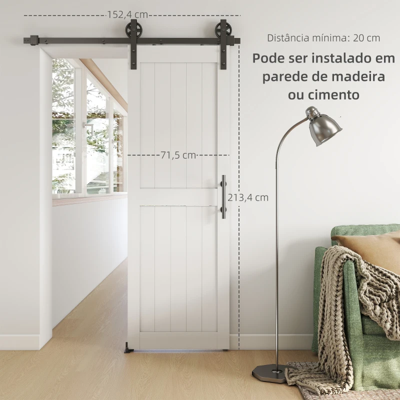 HOMCOM Porta de Correr Celeiro com Ferragens Porta Corredera de Interior com Puxador Rolo e Guia de Chão 71,5x213,4 cm Branco
