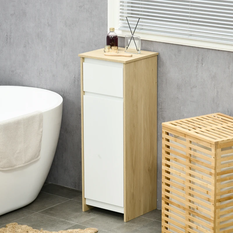 kleankin Meuble de salle de bain armoire de rangement avec 1 tiroir et 1 placard - 32,6 x 30 x 90 cm - aspect bois et blanc