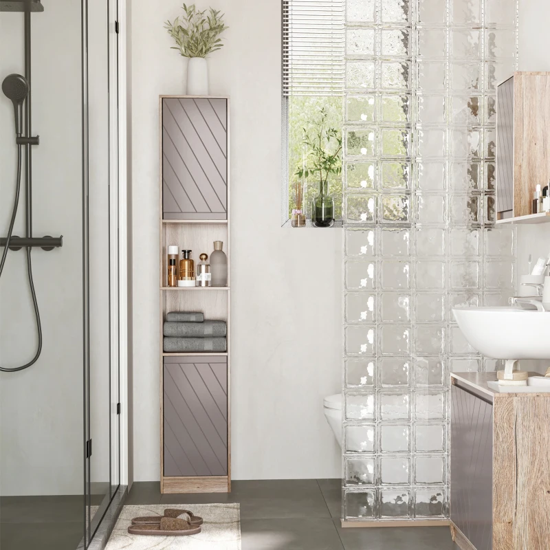 HOMCOM Meuble colonne rangement salle de bain style cosy 30 x 24 x 170 cm 2 portes étagère 2 niches chêne clair gris