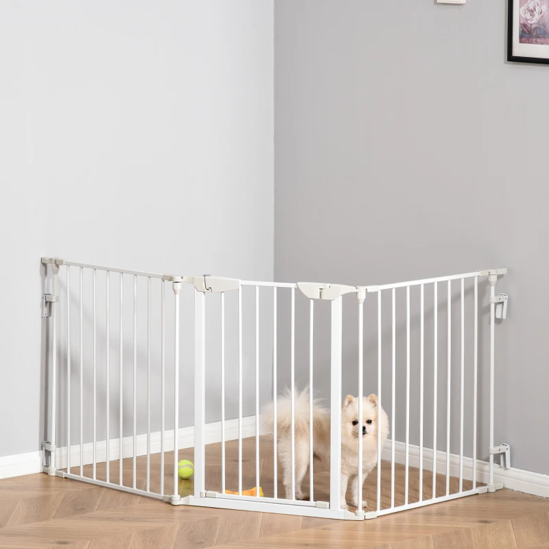 PawHut Pet Safety Gate, 3 Panels Playpen Fireplace, Metal Fence, Stair Barrier, Room Divider w/ Walk-Through Door - White(m-13)