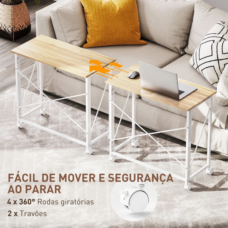 HOMCOM Secretária Dobrável com Rodas Mesa de Secretária Compacta Portátil para Espaços Pequenos 80x40x75 cm Madeira e Branco