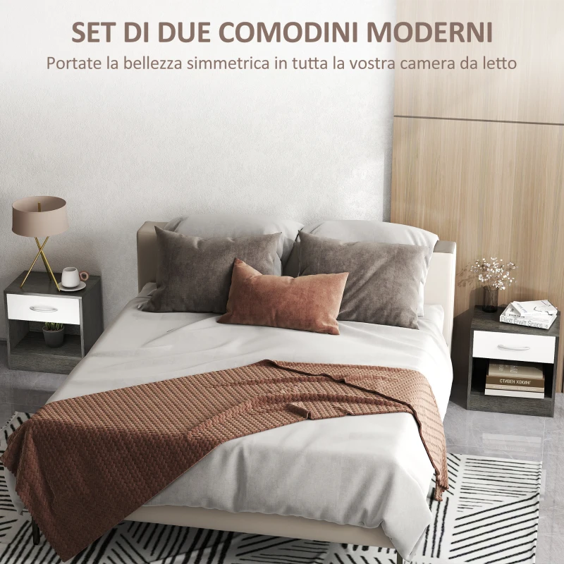 HOMCOM Set 2 Comodini Moderni con Ripiano Aperto e Cassetto, in Legno, 39x28x41 cm, Bianco e Grigio Scuro
