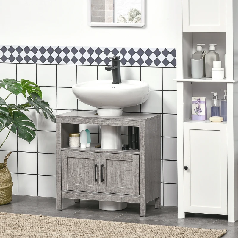 kleankin Meuble sous lavabo meuble sous évier meuble de salle de bain sous lavabo avec 2 portes et étagère - 60 x 30 x 60 cm - gris