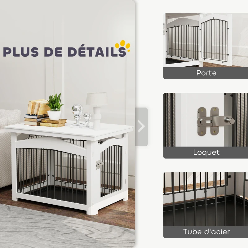 PawHut Cage pour chien 3 en 1 table d'appoint parc pour chien plateau amovible pour chien moyenne 82,5 x 57,5 ​​x 59,5 cm blanc