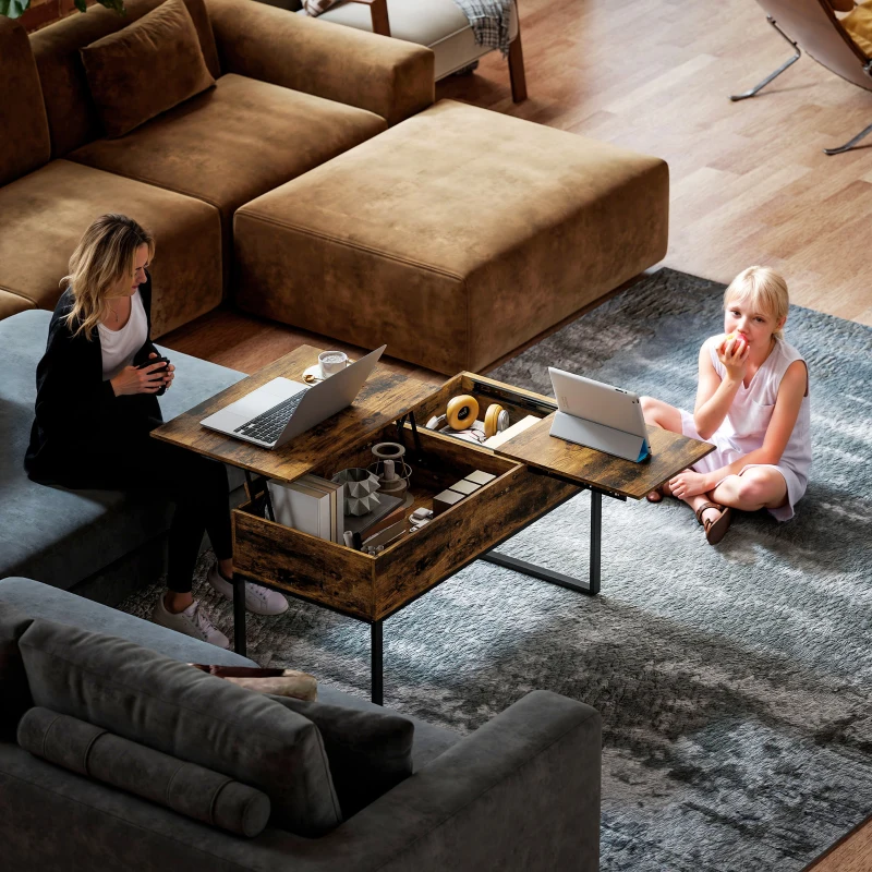 HOMCOM Table Basse Relevable avec Dessus Coulissant Fermeture Douce Espace Caché de Rangement 100x45x67 cm Marron Rustique