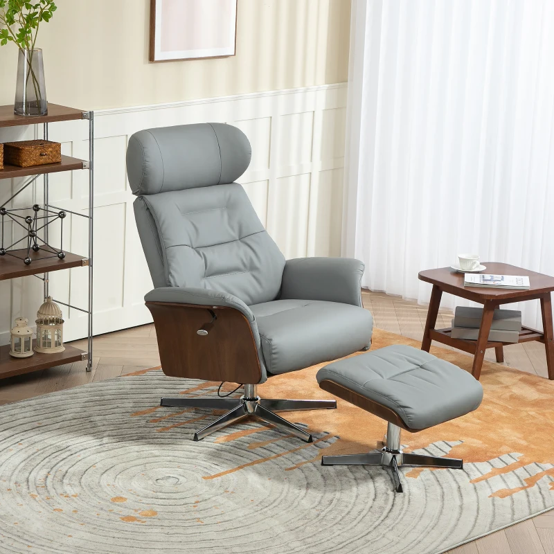 HOMCOM Relaxstoel met Hoker, Ligfunctie, Draaibaar, Lederoptiek, tot 150 kg, Lichtgrijs