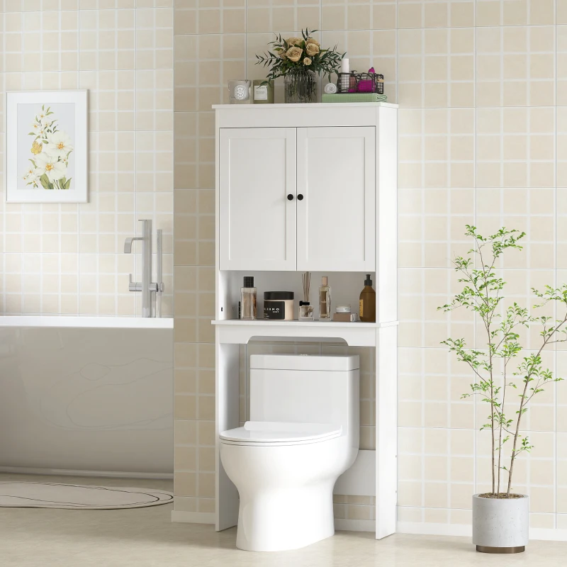 HOMCOM Mobile sopra WC avec 3 Étagères Fermées et Étagère Ouverte, en Bois, 65x22x161 cm, Blanc