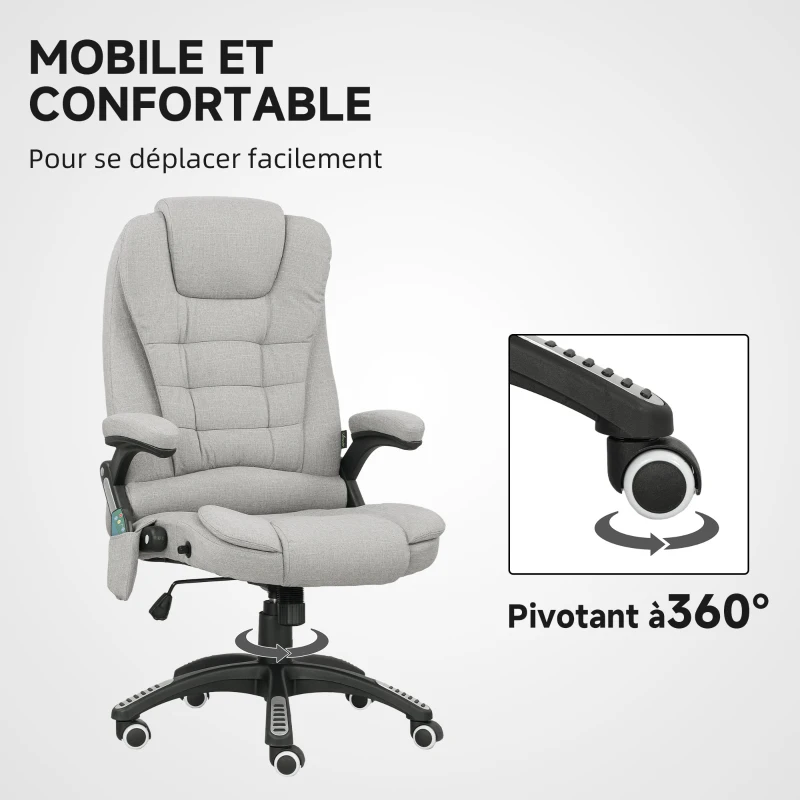 Vinsetto Fauteuil de bureau massant et chauffant chaise de bureau avec hauteur réglable dossier inclinable et télécommande gris