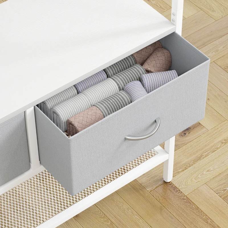 HOMCOM Móvel Cabide de Entrada com Banco Sapateira 8 Ganchos 2 Gavetas de Tecido Barra Prateleira 80x30x180,5 cm Branco e Cinza