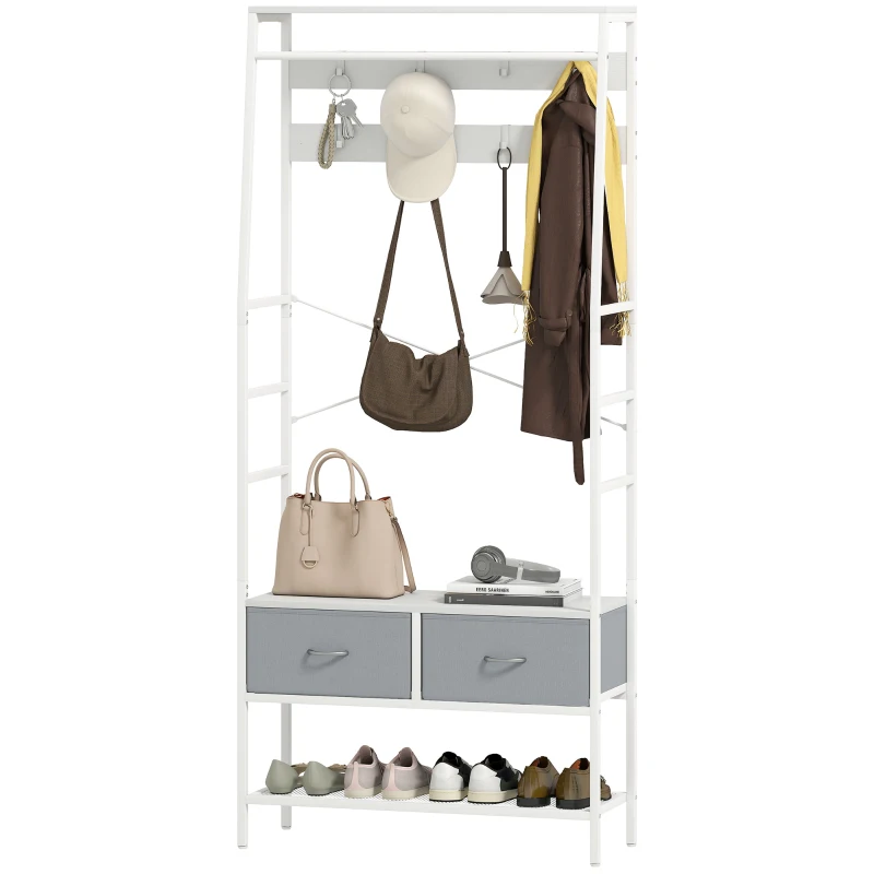 HOMCOM Móvel Cabide de Entrada com Banco Sapateira 8 Ganchos 2 Gavetas de Tecido Barra Prateleira 80x30x180,5 cm Branco e Cinza