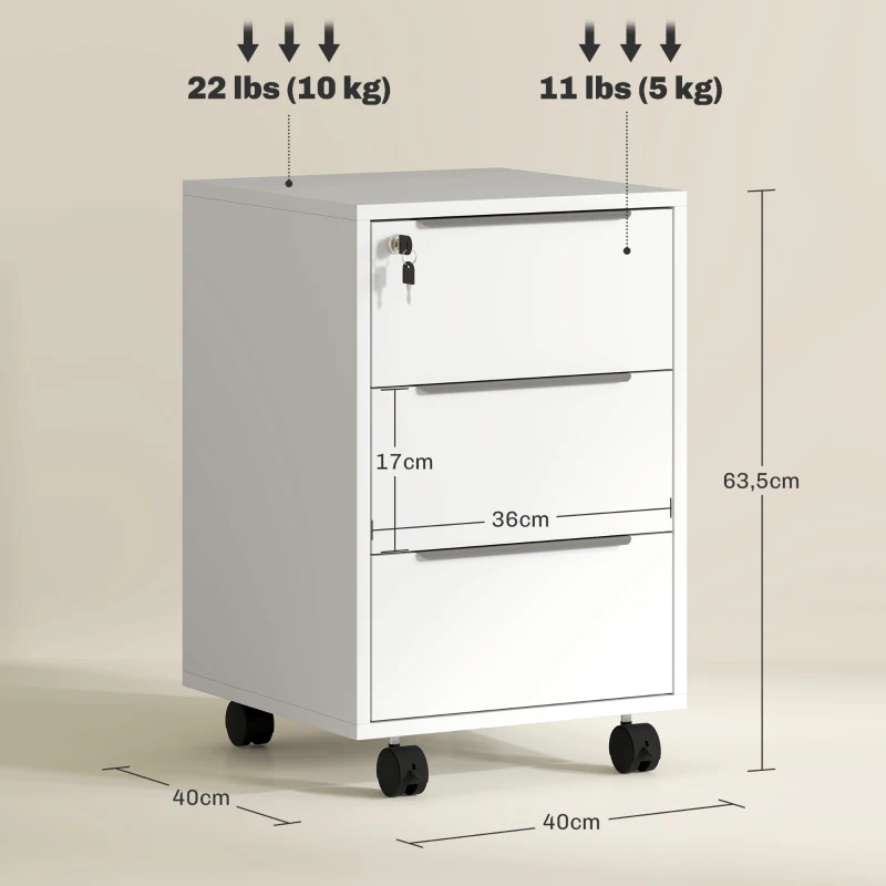 HOMCOM Bürocontainer mit 3 Schubladen Rollen Schloss und 2 Schlüssel für Studium Wohnzimmer 40x40x63,5 cm Weiß