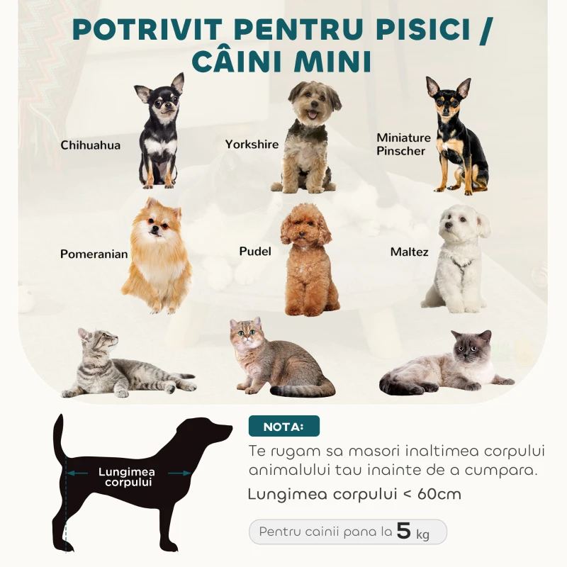 PawHut Canapea Înălțată pentru Câini și Pisici cu Spătar, 47x40x20 cm, Gri