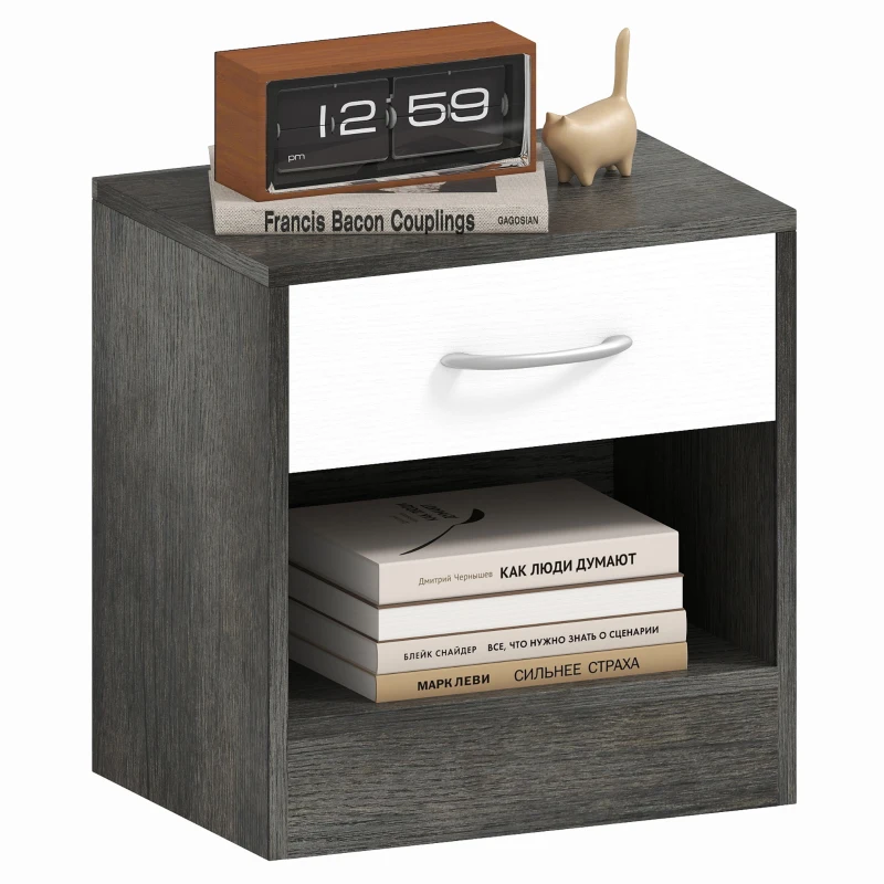 HOMCOM Table de Chevet Moderne avec Étagère Ouverte et Tiroir, en Bois, 39x28x41 cm, Blanc et Gris Foncé