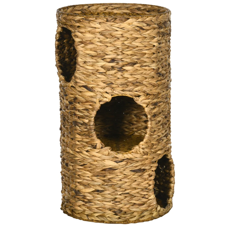 PawHut Katzenhöhle mit 3 Ebenen, 3 Eingänge, Boho-Design, inkl. Kissen, 40 cm x 40 cm x 73 cm, Hellbraun + Cremeweiß