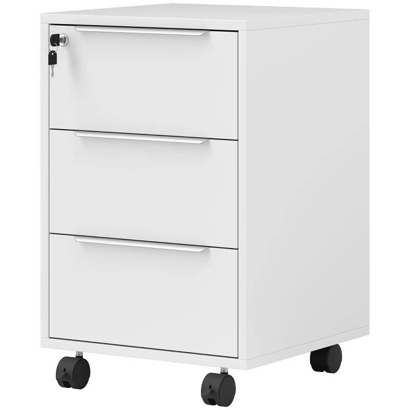 HOMCOM Cajonera da Scrivania con 3 Cassetti Ruote Serratura e 2 Chiave per Studio Soggiorno 40x40x63,5 cm Bianco