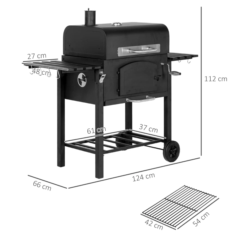 Outsunny Holzkohlegrill BBQ Gartengrill mit Deckel und Ablagen Metall Smoker BBQ Warmhalteplatte Regale Gartenparty Transportrollen Schwarz 124 x 66 x 112 cm