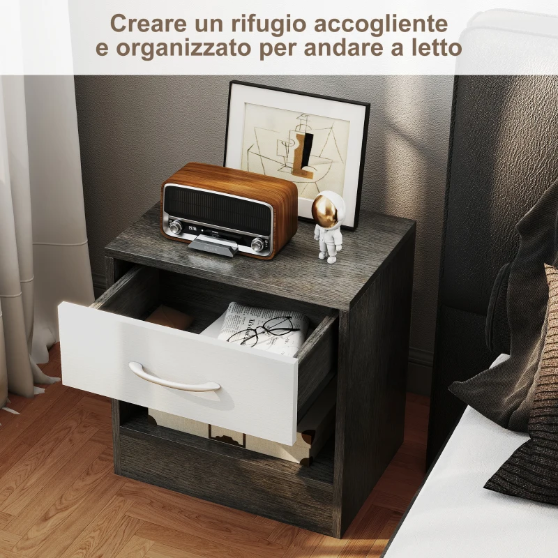 HOMCOM Set 2 Comodini Moderni con Ripiano Aperto e Cassetto, in Legno, 39x28x41 cm, Bianco e Grigio Scuro