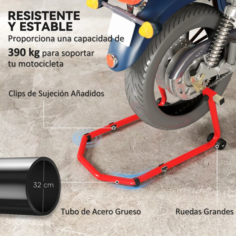 HOMCOM Soporte de Rueda Delantera y Trasera Motocicleta Convertible Carga 390 kg con Adaptadores de Horquillas en U y L Ruedas