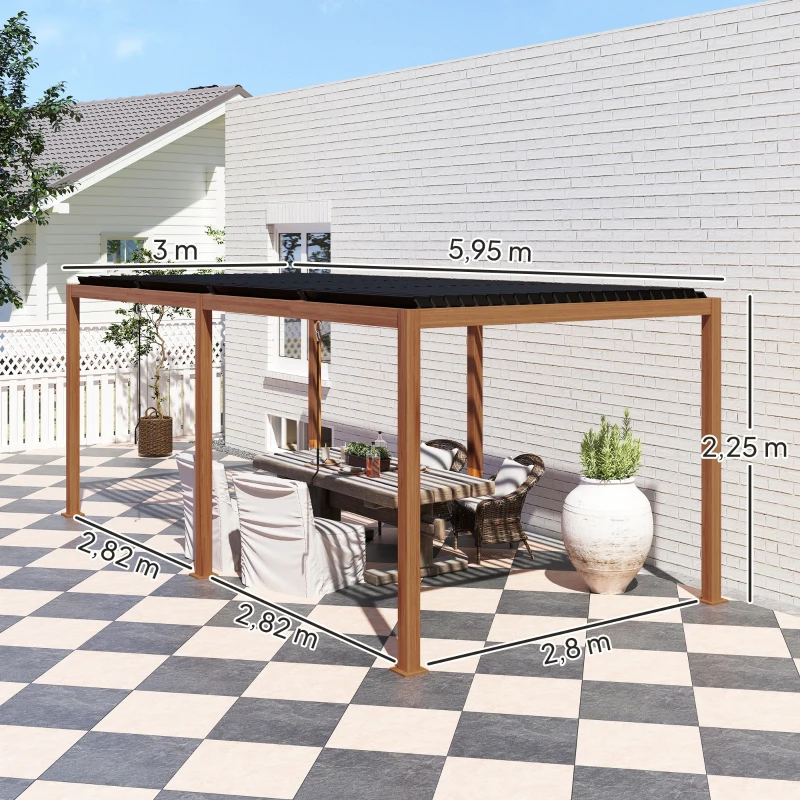 Outsunny Pergola 3 x 6 m  pergola d'extérieur tonnelle avec persiennes manivelle toit réglable en aluminium crochets bois naturel