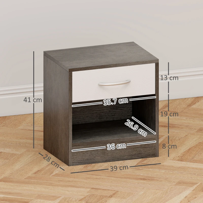 HOMCOM Set 2 Comodini Moderni con Ripiano Aperto e Cassetto, in Legno, 39x28x41 cm, Bianco e Grigio Scuro