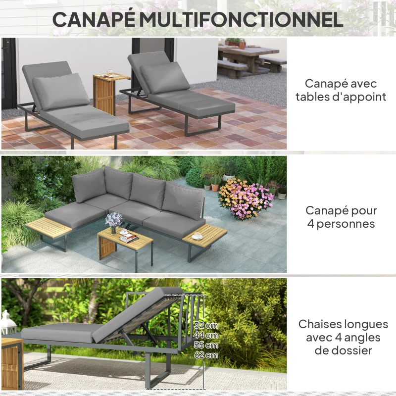Outsunny Ensemble de meubles de jardin modulable en bois d'acacia 6 places, salon de jardin d'angle avec table, gris