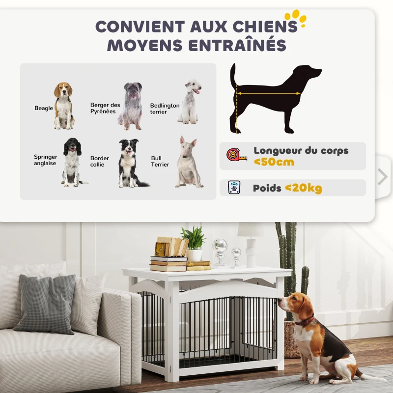 PawHut Cage pour chien 3 en 1 table d'appoint parc pour chien plateau amovible pour chien moyenne 82,5 x 57,5 ​​x 59,5 cm blanc