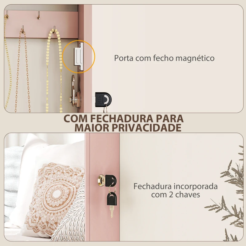 HOMCOM Espelho Joalheiro de Parede Armário para Jóias com Fechadura e Vários Compartimentos para Colares Anéis Pulseiras Rosa e Bege